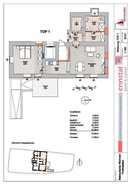 Detaillierter Grundriss der Wohnung TOP 1 mit Raumaufteilung und Flächenangaben.