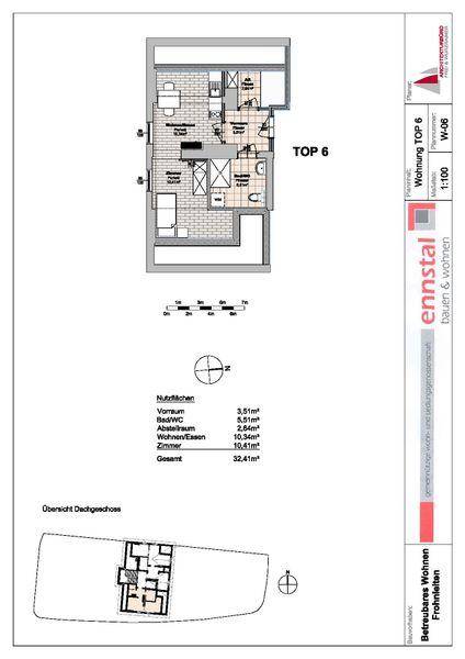 Grundriss der Wohnung TOP 6 im Dachgeschoss mit offenem Wohnbereich und Balkon.