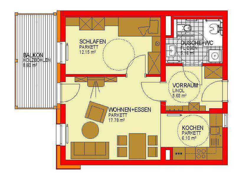 Grundriss einer Wohnung mit offenem Wohn-Essbereich, Schlafzimmer, Bad und Balkon.