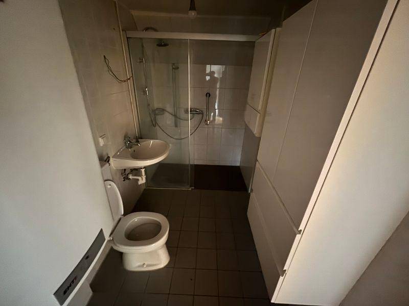 Funktionales Badezimmer mit Dusche, Toilette und Waschbecken, ausgestattet mit Haltegriffen.