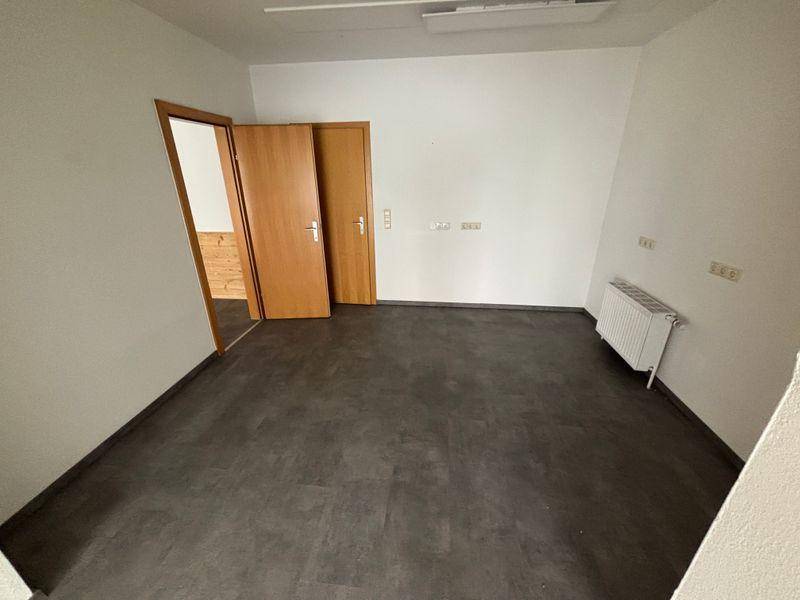 Leerer Raum mit dunklem Boden, weißen Wänden, zwei Holztüren und einem Heizkörper an der Wand.