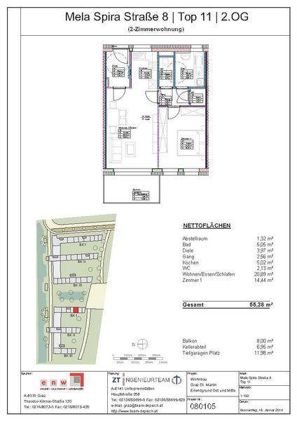 Grundriss einer 2-Zimmer-Wohnung im 2. Obergeschoss mit Balkon und Tiefgaragenplatz.