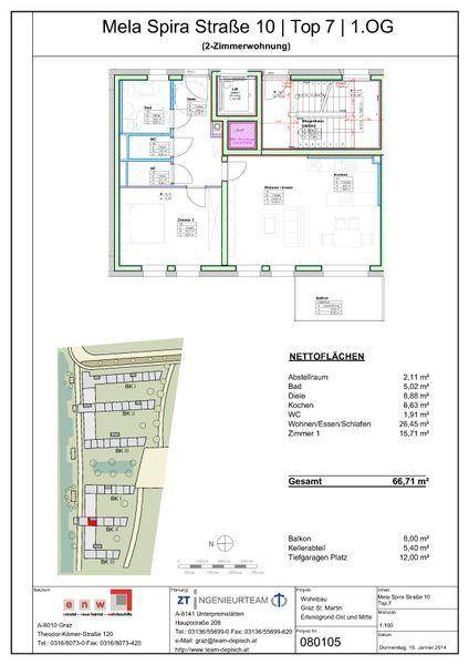 Grundriss einer 2-Zimmer-Wohnung im ersten Obergeschoss mit Balkon und Kellerabteil.