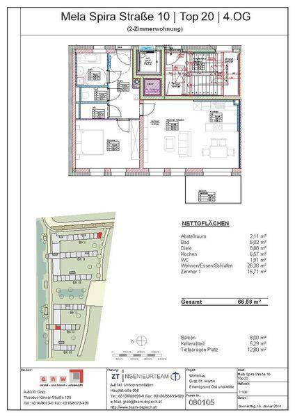 Grundriss einer 2-Zimmer-Wohnung im 4. Obergeschoss mit offenem Wohnbereich, Balkon und Tiefgaragenplatz.