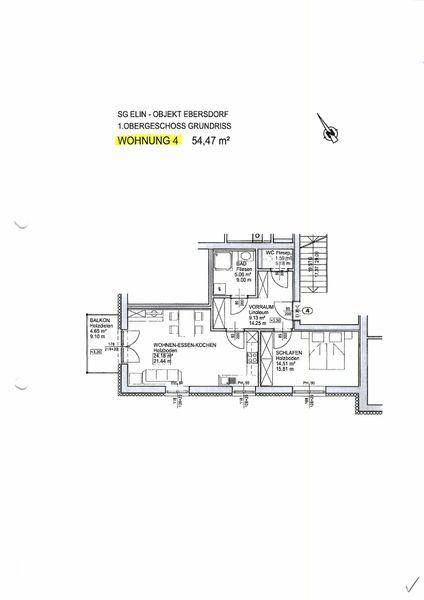 Grundriss einer 54,47 m² großen Wohnung mit Balkon, Wohn-Ess-Kochbereich und Schlafzimmer.