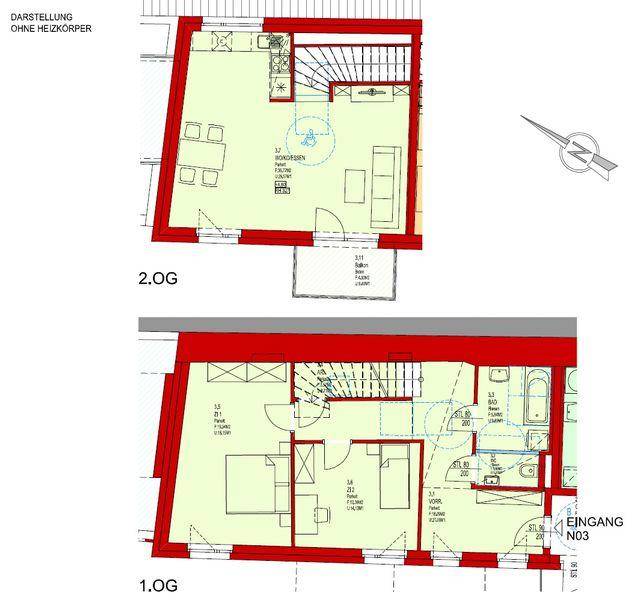 Grundriss des ersten und zweiten Obergeschosses mit Zimmeraufteilung und Balkon.
