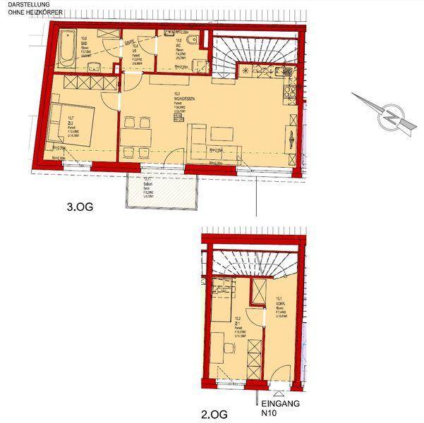 Grundriss des 2. und 3. Obergeschosses mit Wohn-Essbereich, Schlafzimmern und Bädern.