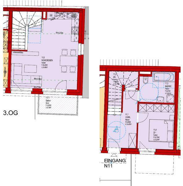 Grundrisspläne zeigen die Aufteilung von zwei Etagen mit Wohn-Essbereich und Schlafzimmer.