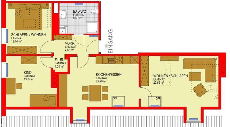 Grundriss einer Wohnung mit offenem Wohn-/Essbereich, Schlafzimmern und einem Badezimmer.