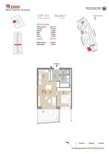 Detaillierter Grundriss einer Wohnung mit 48,34m² und offenem Wohnbereich sowie Balkon.