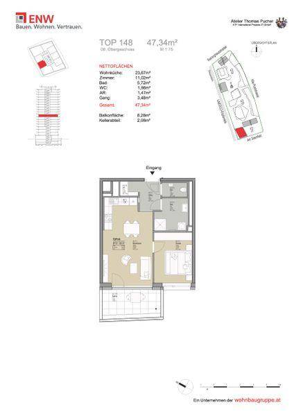 Grundriss der Wohnung TOP 148 mit 47,34m² Wohnfläche und Balkon.