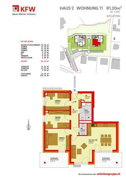 Grundriss der Erdgeschosswohnung 11 mit offenem Wohnbereich, zwei Terrassen und separatem WC.