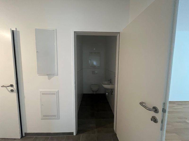 Kleines Gäste-WC mit Waschbecken und Toilette, zugänglich von einem Flur.