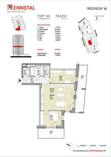 Grundriss der Wohnung mit 78,87m² Wohnfläche und Balkon.