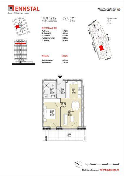 Grundriss einer Wohnung mit offenem Wohnbereich, Balkon und separatem WC.