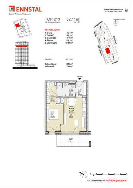 Detaillierter Grundriss einer Wohnung mit 52,11 m² und Balkon.