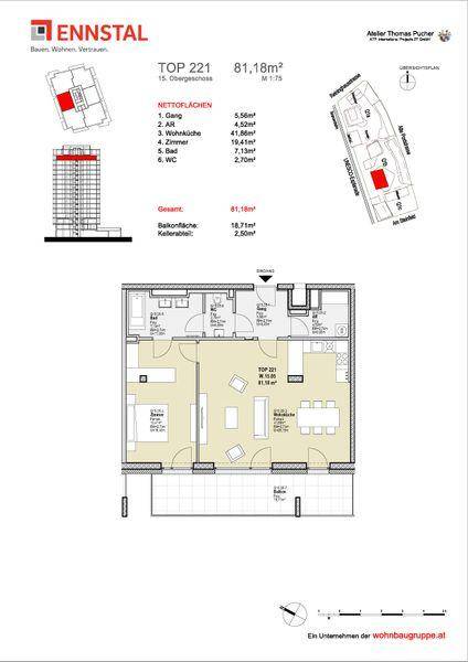 Grundriss der Wohnung TOP 221 mit 81,18m², offenem Wohnbereich und Balkon.