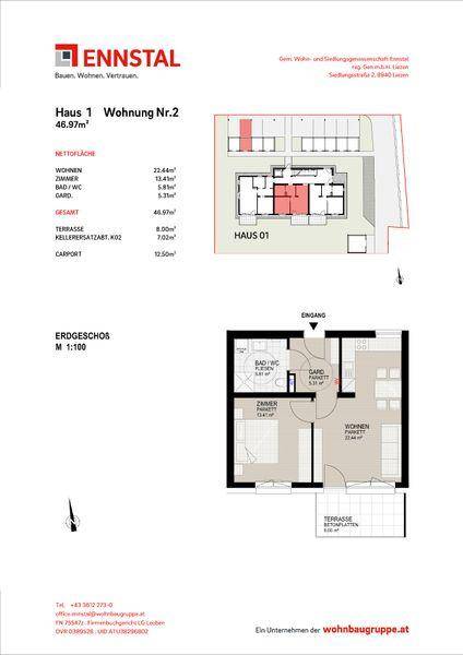 Grundriss der Erdgeschosswohnung Nr.2 mit Wohnzimmer, Schlafzimmer, Bad und Terrasse.