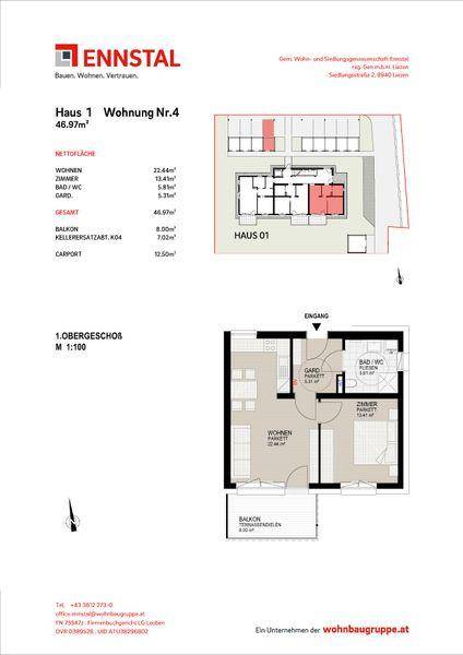 Grundriss der Wohnung Nr. 4 im 1. Obergeschoss mit Wohnbereich, Schlafzimmer, Bad und Balkon.