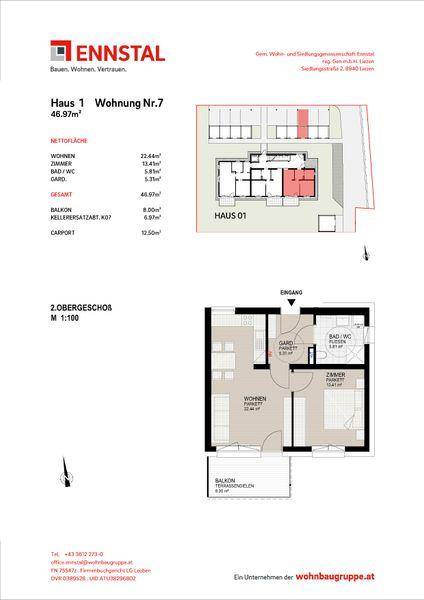 Grundriss der Wohnung Nr.7 im 2. Obergeschoss mit Balkon, Wohnbereich und Schlafzimmer.