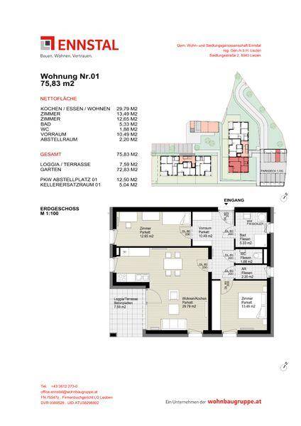 Grundriss der Wohnung Nr. 01 im Erdgeschoss mit offener Wohnküche, Loggia und Terrasse.