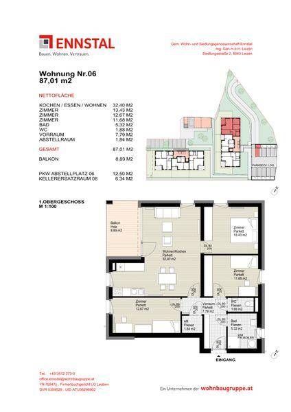 Grundriss der Wohnung Nr. 06 mit 87,01 m² Nettowohnfläche, Balkon und Kellerersatzraum.