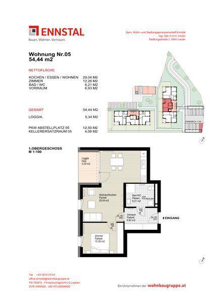 Grundriss der Wohnung Nr. 05 im 1. Obergeschoss mit Loggia und offenem Wohnbereich.