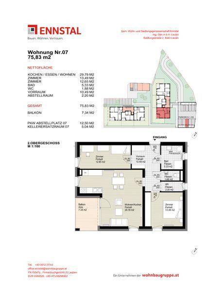 Grundriss der Wohnung Nr. 07 im 2. Obergeschoss mit Balkon und offener Wohnküche.