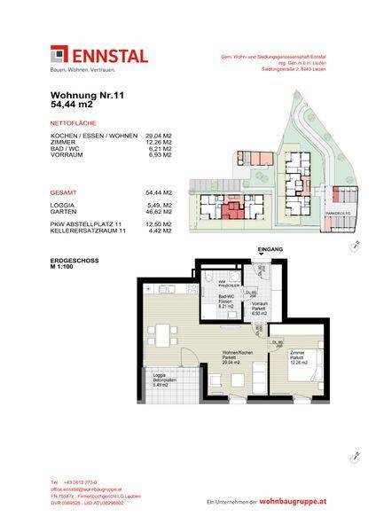Grundriss der Wohnung Nr. 11 mit 54,44 m² Wohnfläche, offener Küche und Loggia.