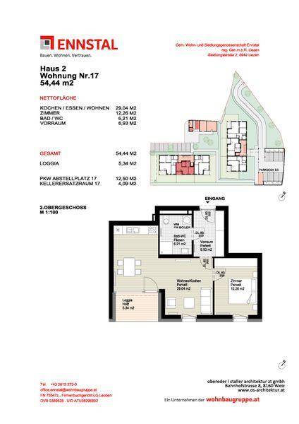Grundriss einer Wohnung im 2. Obergeschoss mit offener Wohnküche, Loggia und separatem WC.