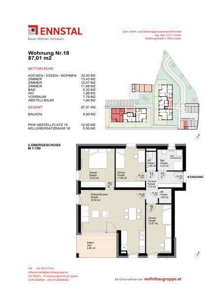 Grundriss der Wohnung Nr. 18 mit 87,01 m² und Balkon im zweiten Obergeschoss.