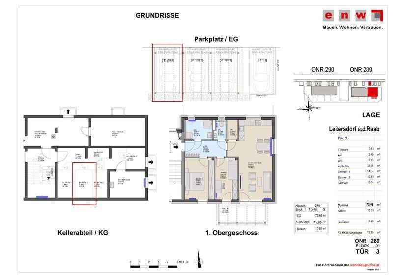 Grundrisspläne für ein Reihenhaus mit Kellerabteil, Erdgeschoss und Obergeschoss inklusive Balkon.