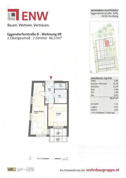 Grundriss einer Wohnung im 2. Obergeschoss mit Loggia, Balkon und offenem Wohnbereich.