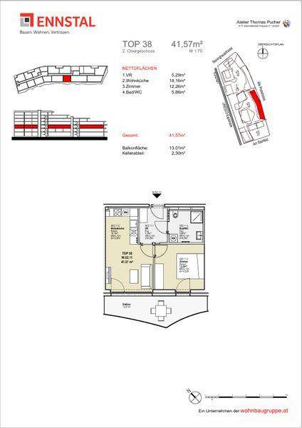Grundriss für eine Wohnung mit 41,57m² Wohnfläche, Balkon und Kellerabteil.