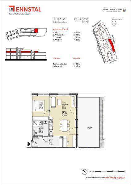 Grundriss einer Wohnung mit offenem Wohnbereich, großer Terrasse und separatem Kellerabteil.