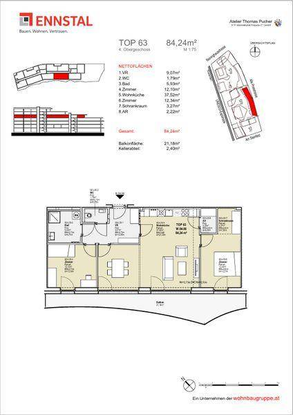 Grundriss einer Wohnung mit offenem Wohnbereich, zwei Bädern und Balkonzugang.