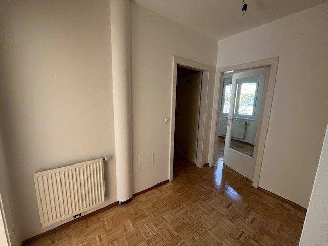 Eingangsbereich mit Parkettboden, Heizkörper und Türen zu angrenzenden Zimmern.