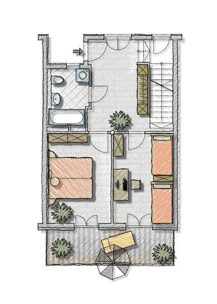 Grundriss des Obergeschosses mit Schlafzimmern, Badezimmer und Balkon.