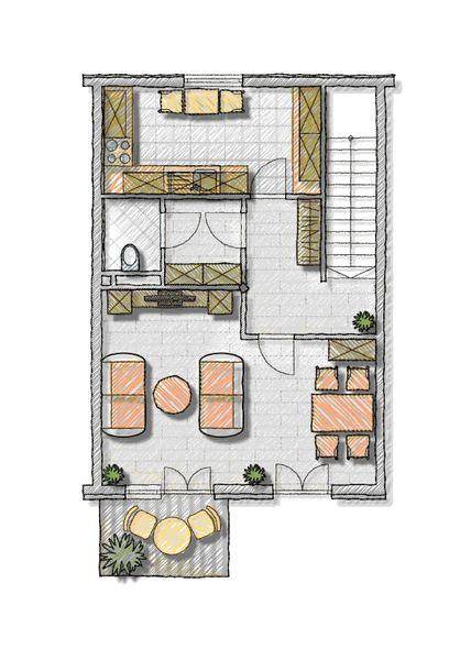 Grundriss des Erdgeschosses mit offener Küche, Wohnbereich und Terrasse.