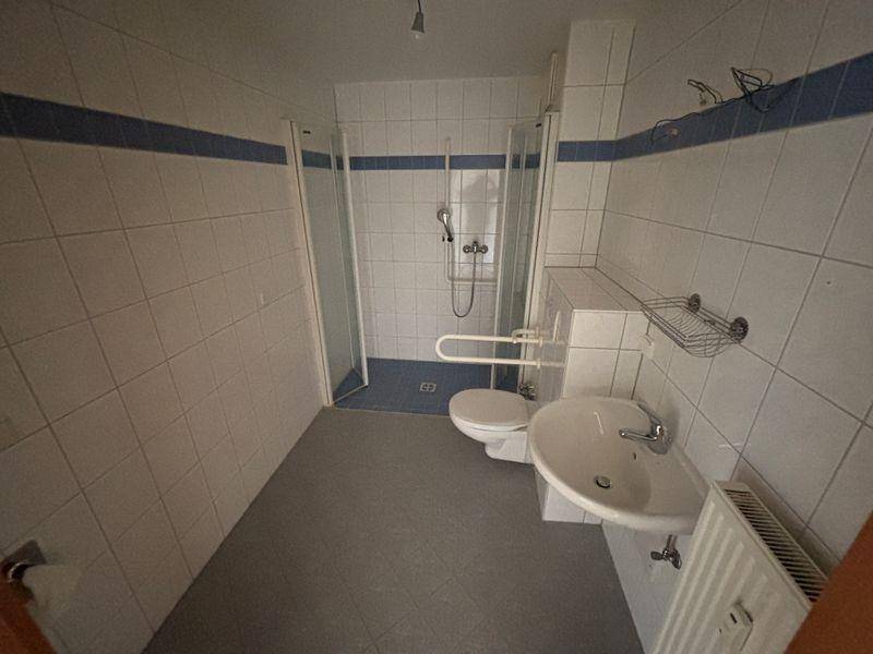 Badezimmer mit Dusche, WC und Waschbecken, ausgestattet mit blauen Akzentfliesen.