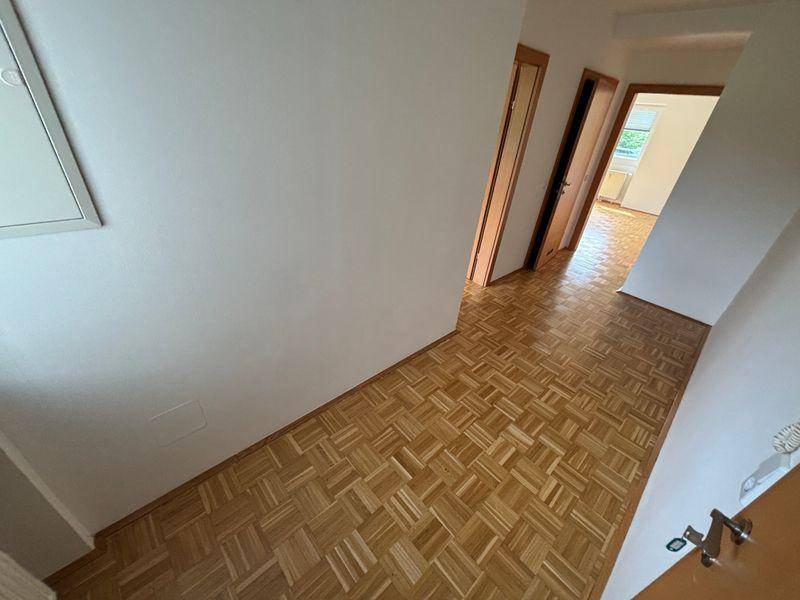 Heller Flur mit Parkettboden und Holztüren, der zu weiteren Räumen führt.