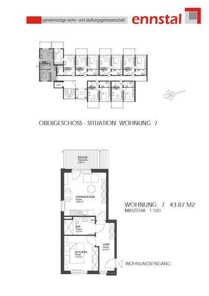 Grundriss der Wohnung 7 mit 43,87 m² und Balkon im Obergeschoss.