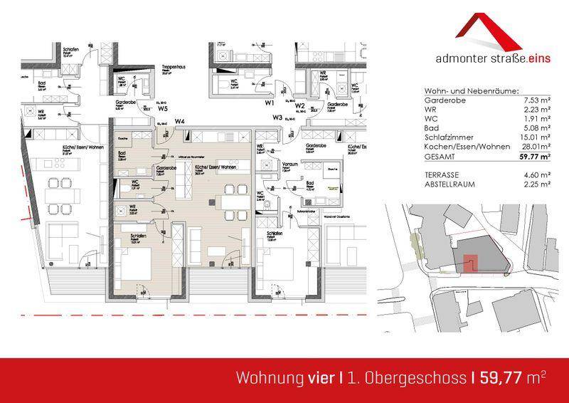 Grundrissplan einer Wohnung mit offenem Wohnbereich, Schlafzimmern, Bad und Terrasse.