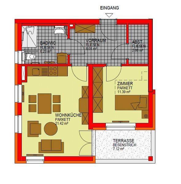 Grundriss einer Wohnung mit offener Wohnküche, einem Zimmer, Bad und einer Terrasse.
