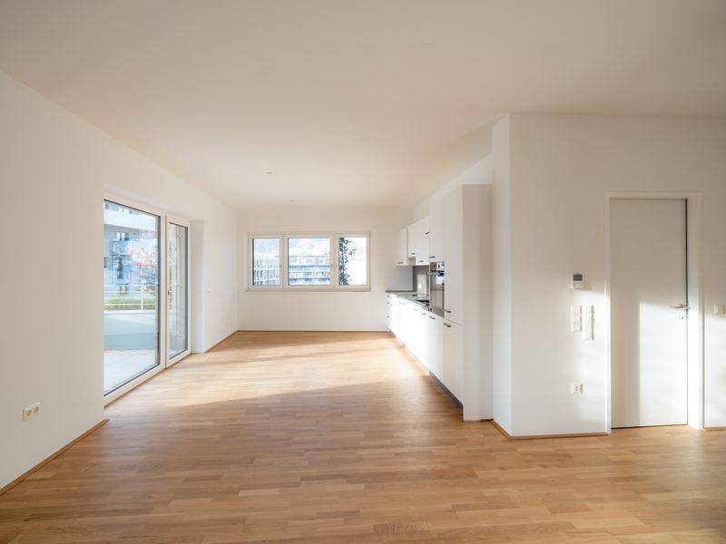 Offener Wohnbereich mit Holzfußboden, großen Fenstern und integrierter Küchenzeile, lichtdurchflutet.