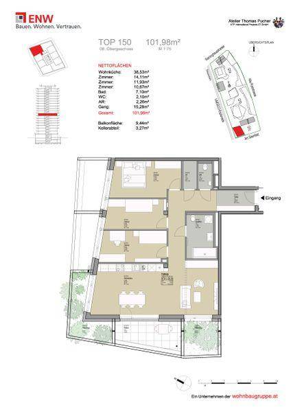 Detaillierter Grundriss einer Wohnung mit 101,98m² und mehreren Zimmern.