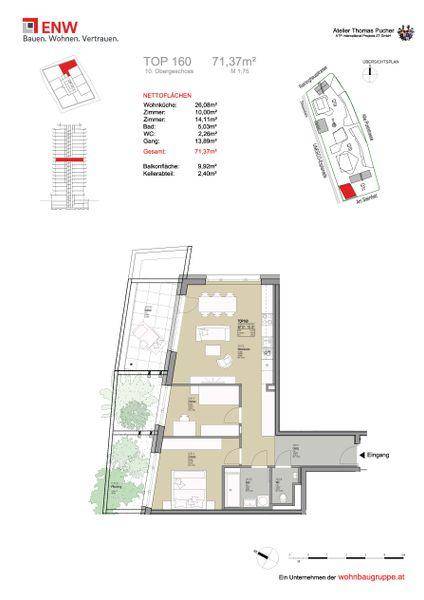 Grundriss der Wohnung TOP 160 mit offenem Wohnbereich und großem Balkon.