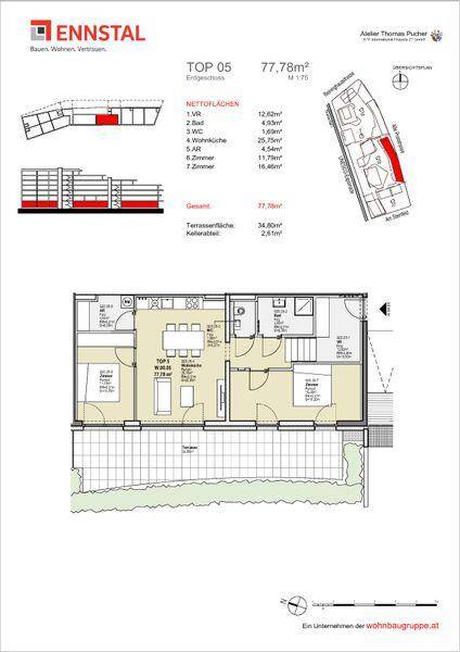 Grundriss der Wohnung TOP 05 mit 77,78m² Wohnfläche und großer Terrasse.