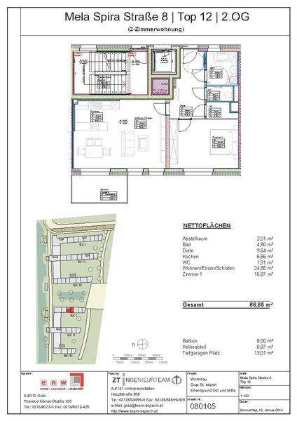 Grundriss einer 2-Zimmer-Wohnung im zweiten Obergeschoss mit offenem Wohnbereich und Balkon.