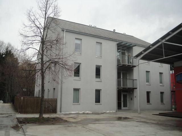 Mehrfamilienhaus mit heller Fassade, Balkonen und einem Baum im Vordergrund an einem bewölkten Tag.